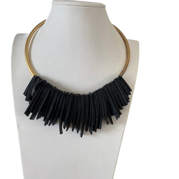 Collar Statement Nacklace black Leather Fringe torque - Picture 1 of 8
